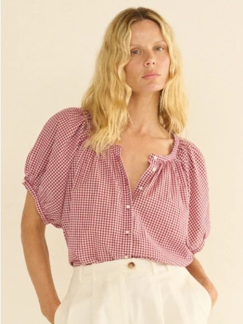 Doen June Cotton Button Puff Sleeve Blouse Top Mulberry La Maddalena Gingham Red